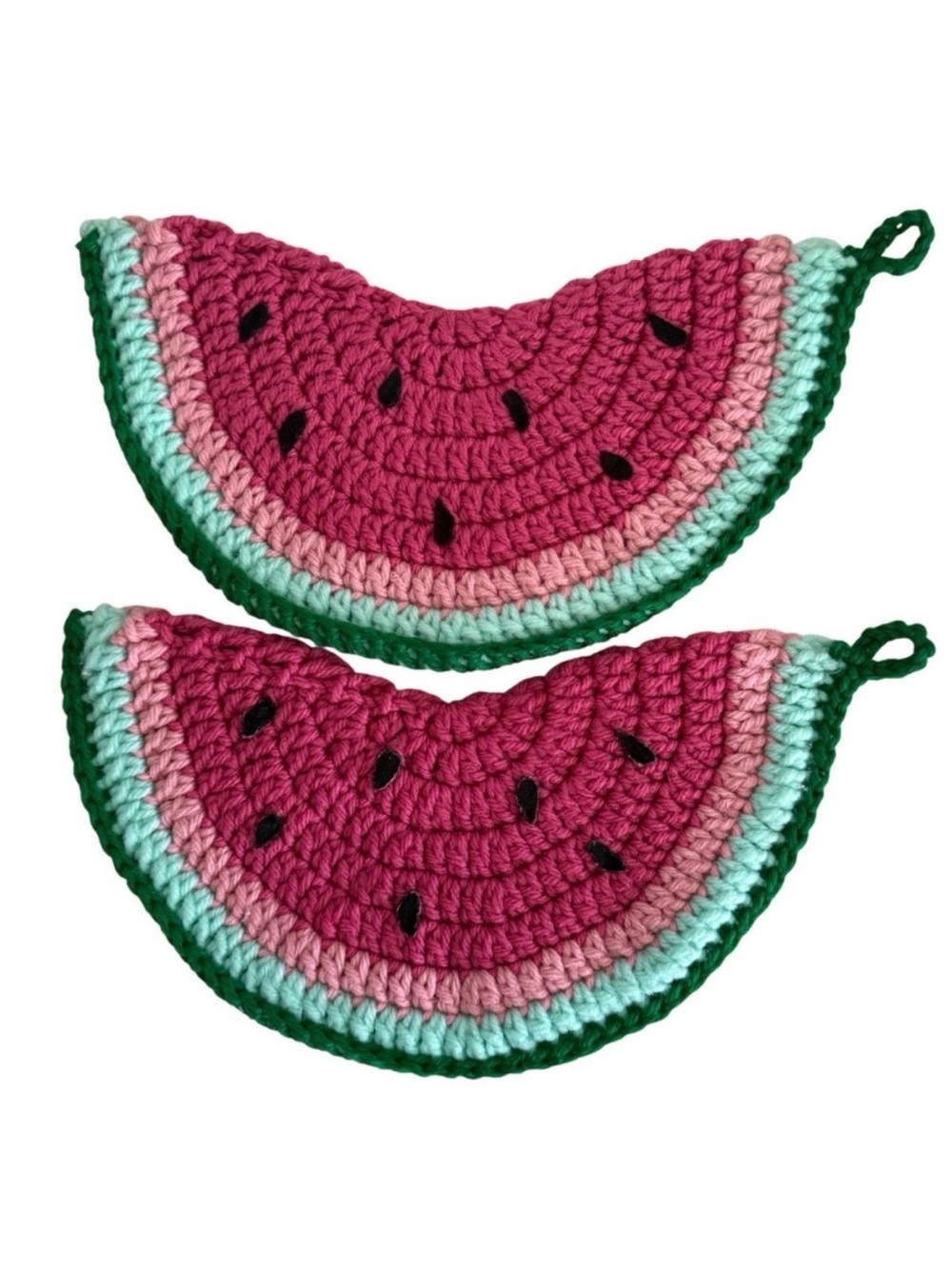 2 Vintage Handmade Crochet Watermelon Kitchen Decor Cottagecore Kitsch 80s 90s